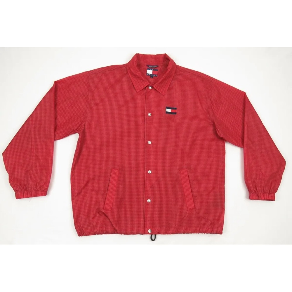 Vintage 90s Tommy Hilfiger Flag Logo Red Plaid Snap Nylon Windbreaker Jacket L